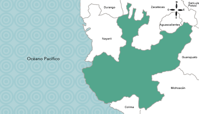 Imagen del mapa de Jalisco colindando con los estados de Nayarit, Durango, Zacatecas, Aguascalientes, Guanajuato, Michoacán, Colima y el Océano Pacífico