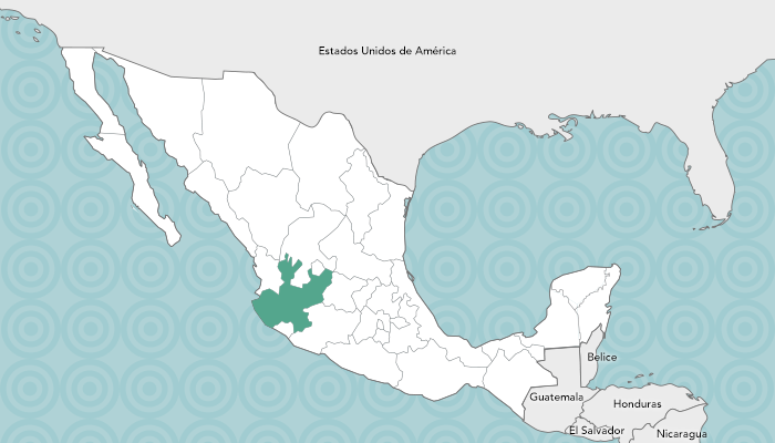 Imagen del mapa de México colindando con Estados Unidos, Guatemala y Belice, dentro de otro color y delineado el estado de Jalisco